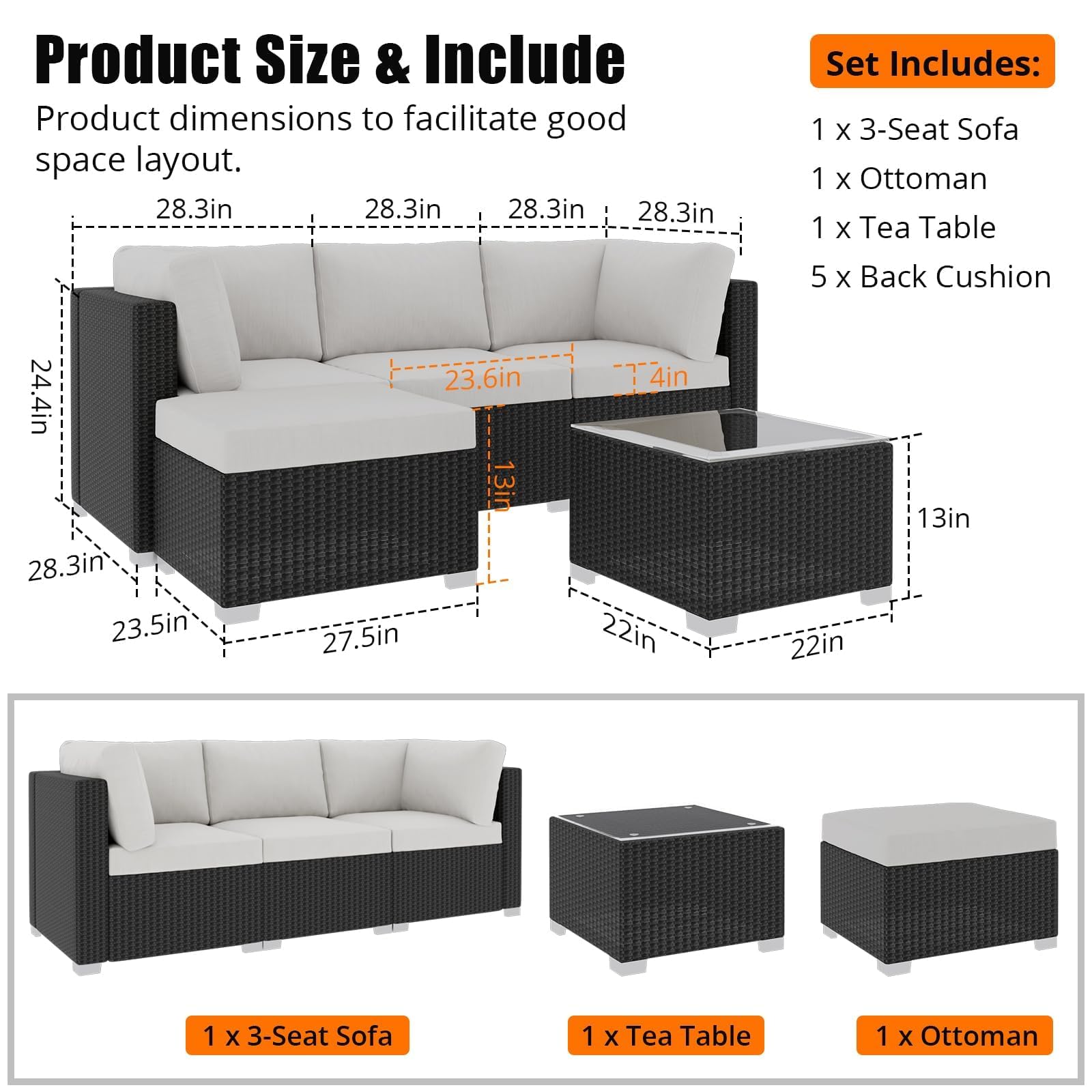 5 Pieces Patio Furniture Sets, All Weather Outdoor Sectional Patio Sofa, Rattan Wicker Conversation Sofa Set, Manual Weaving Sectional Patio Sofa with Cushion and Glass Table for Balcony, Garden, Gray