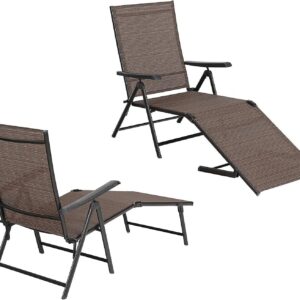 MIXPATIO Outdoor Loungers (Set of 2), Folding Textile Loungers for Patio, Adjustable Loungers with Armrests for Beach Pool Patio, Brown