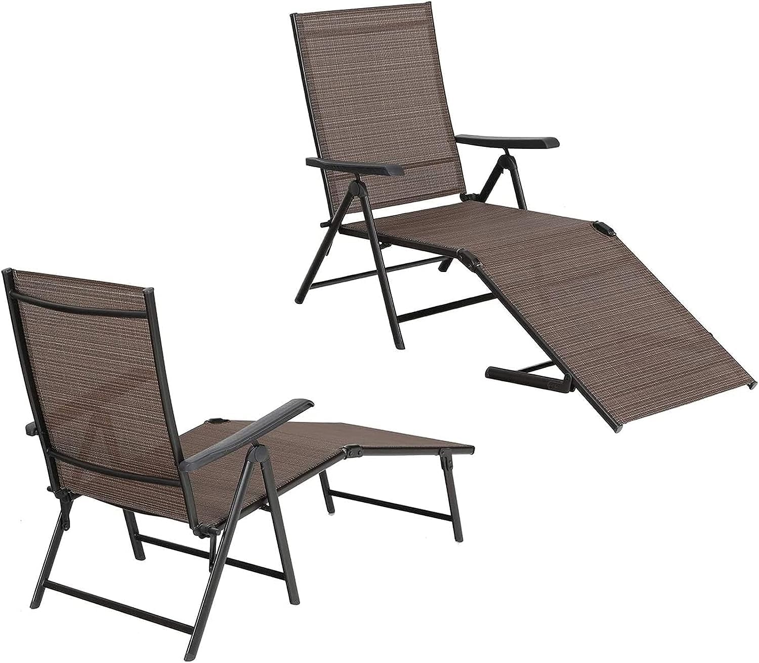 MIXPATIO Outdoor Loungers (Set of 2), Folding Textile Loungers for Patio, Adjustable Loungers with Armrests for Beach Pool Patio, Brown