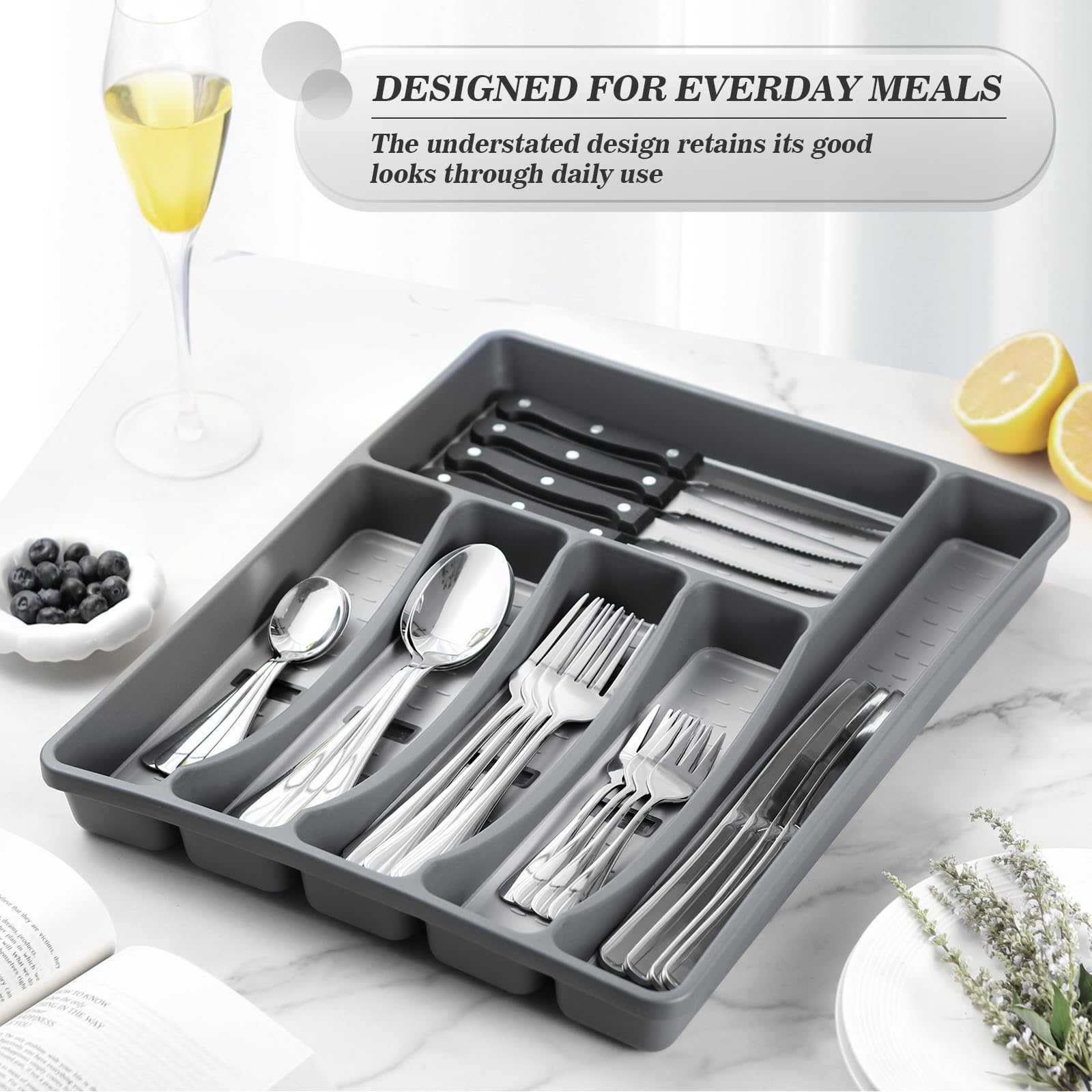 24-Piece Silverware Set with Organizer，Heavy Duty Stainless Steel Flatware Cutlery Tableware Set for 4，Includes 6-Compartment Silverware Tray with Cutlery Icons，Silverware Set with Steak Knives