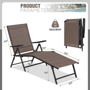 MIXPATIO Outdoor Loungers (Set of 2), Folding Textile Loungers for Patio, Adjustable Loungers with Armrests for Beach Pool Patio, Brown