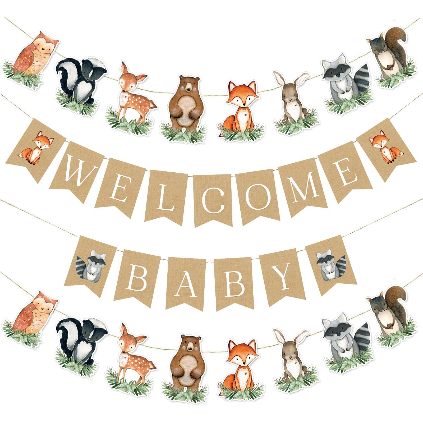 Woodland Baby Shower Banner, Woodland Animals Party Decorations, Woodland Welcome Baby Banners, Forest Animals Party Supplies for Boys Girls, Woodland Creatures Baby Shower Birthday Party Decor