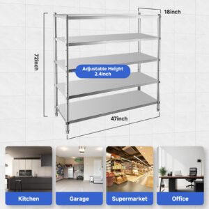 Garvee Stainless Steel Shelves,47x18x72 in Storage Shelf 5-Tier Heavy Duty Storage Rack Shelving Capacity Shelf Unit for Kitchen Garage Office Restaurant Warehouse