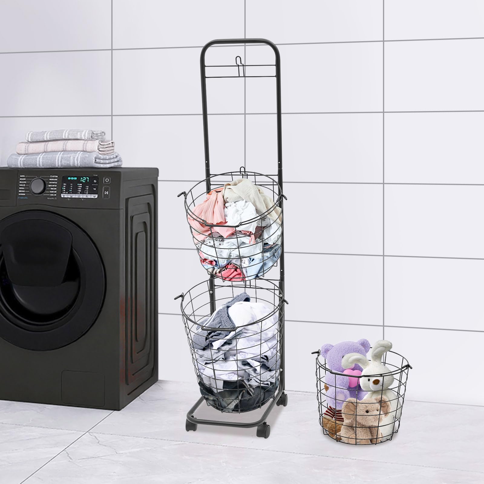 3 Tier Large Laundry Hampers, Sorting Laundry Baskets,Storage Trolley Shelf Basket w/Wheel For Laundry Room, Balcony, Toilet, Bedroom