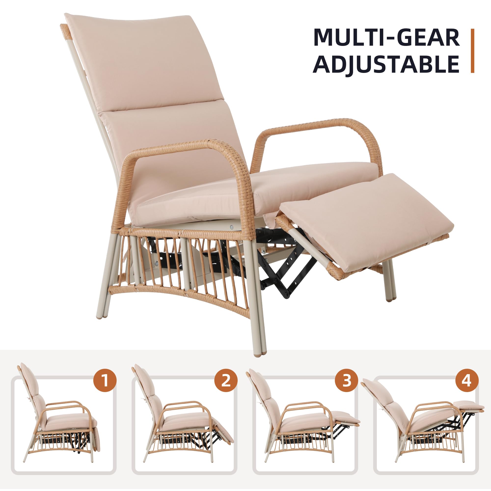 UPHA Outdoor Adjustable Recliner Chair with Thick Cushion,All-Weather Wicker Reclining Lounge Chair with Footrest for Deck, Backyard, Lawn,Beige