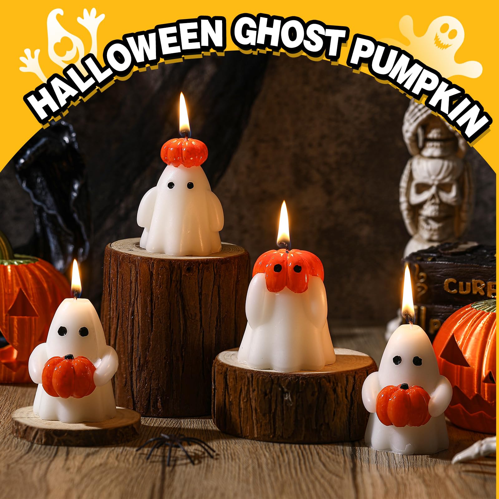 4 Pcs Halloween Ghost Candle Large Halloween Candle Pumpkin Spooky Ghost Candles White Ghost Shaped Tea Lights Candle Goth Gifts for Halloween Party Favor Supplies Home Bedroom Room Table Decorations