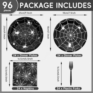 96 Pieces Halloween Spider Web Tableware Party Supplies - Disposable Dinnerware Set with Paper Plates, Napkins, and Forks for Spooky Halloween Party Supplies, Birthday Decorations - Serves 24 (Black)