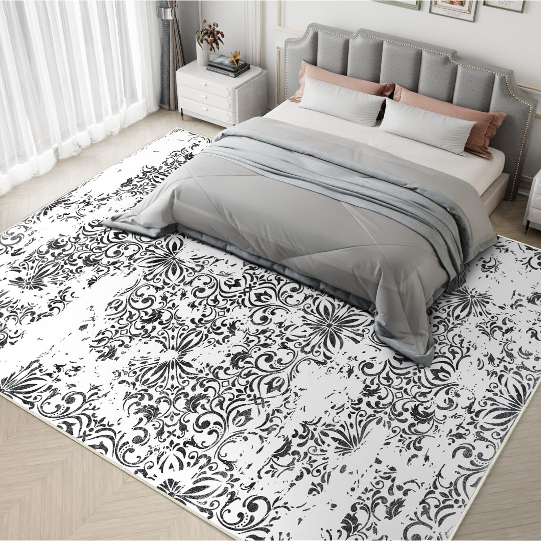 GEMBED Washable Area Rug 5x7 - Soft Non-Slip Floral Area Rug, Non Shedding Low Pile Washable Carpet for Living Room Bedroom Dining Room - Dark Black/White, 5'x7'