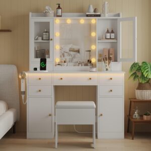 Makeup Vanity Desk with Mirror and Lights, White Vanity Table Set with Storage Drawers, Charging Station, Cabinets & Chair, Large Dressing Table with RGB Ambient Light for Women Girls Bedroom Bathroom