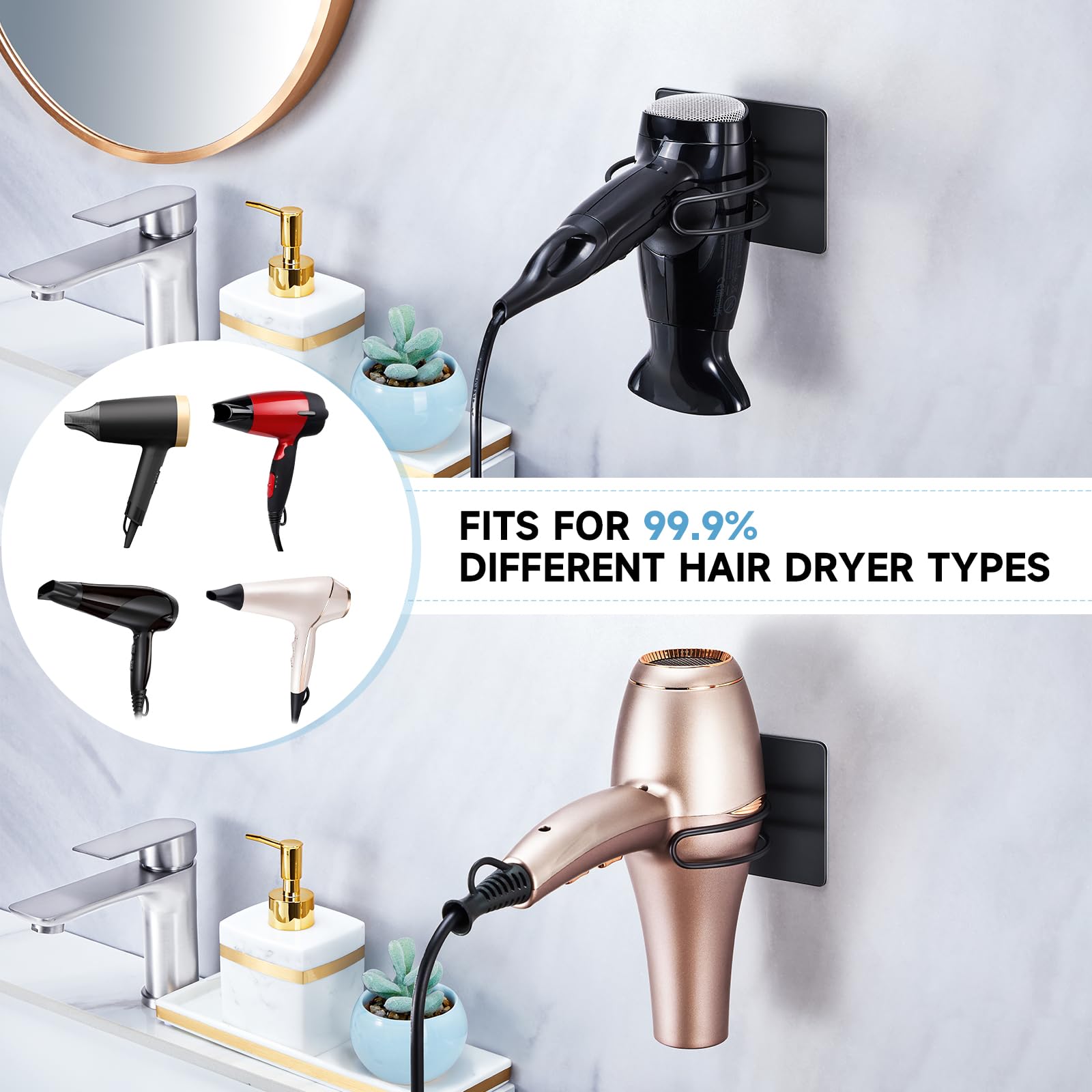 Hair Dryer Holder Wall Mounted, Hairdryer Holder for Bathroom, Blow Dryer Holder Black, Stainless Steel Hair Tool Organizer for Hair Dryer Hanger, Adhesive Hair Dryer Storage, Blow Dryer Organizer