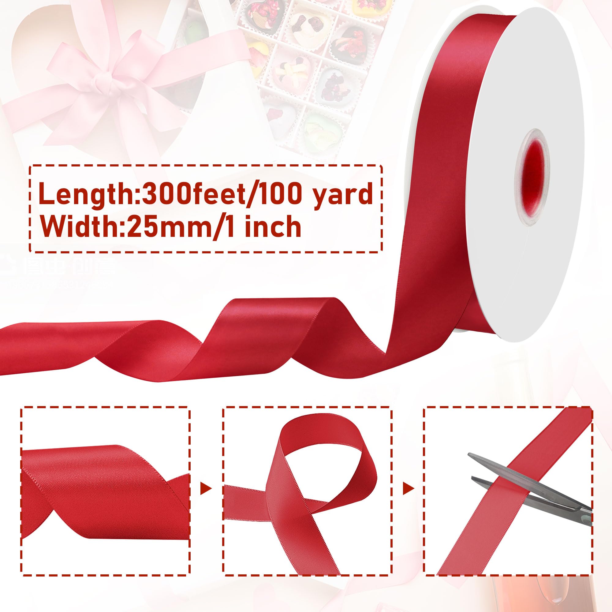 Red Ribbon 1 Inch, 100 Yards Red Satin Ribbon, Polyester Glossy Ribbon Roll for DIY Flower Bouquet, Craft Fabric Ribbon for Gift Wrapping, Bow Making, Wedding and Party Decoration