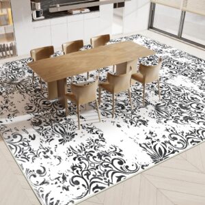 GEMBED Washable Area Rug 5x7 - Soft Non-Slip Floral Area Rug, Non Shedding Low Pile Washable Carpet for Living Room Bedroom Dining Room - Dark Black/White, 5'x7'