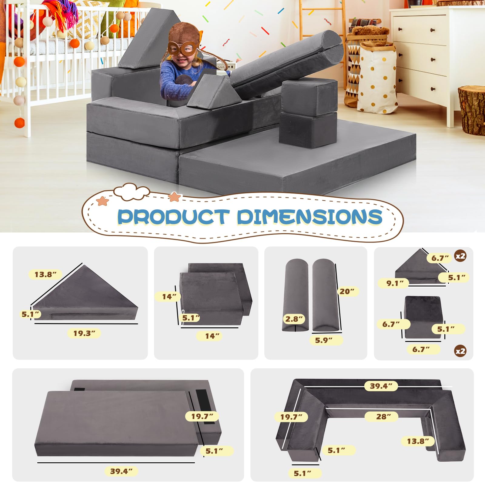 LEISU 12Pcs Modular Kids and Toddler Versatile Play Couch,Child Convertible Folding Sponge Cushion Building Fort Sofa for Playroom Bedroom,Gifts for Kids (Grey)