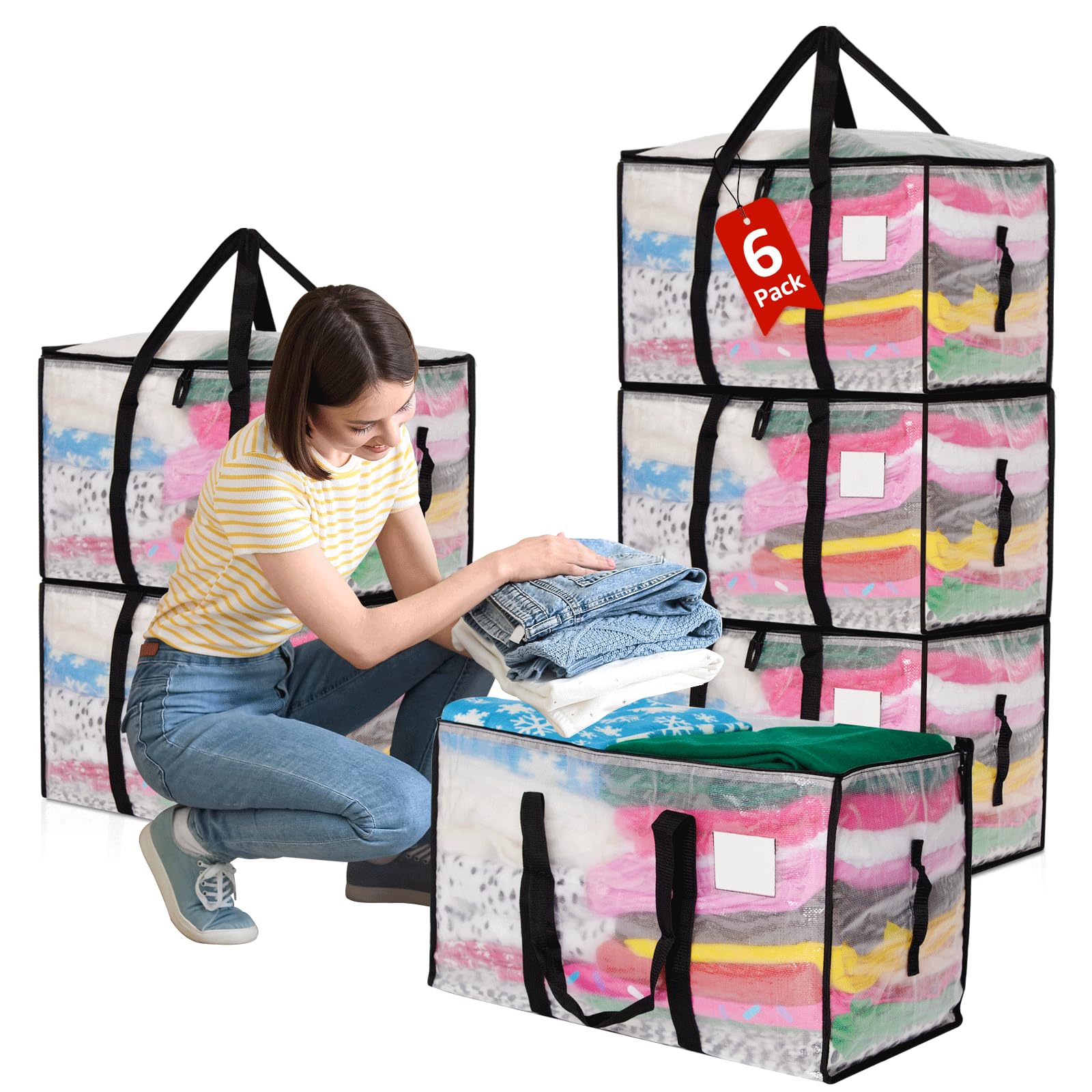 Moving Bags Heavy Duty Extra Large, Alternative for Moving Boxes & Moving Supplies, Packing Bags for College, Storage bags for Clothes with Handles, Lids & Zippers(Clear, 6 Pack)