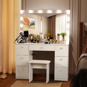 SMOOL Vanity with Lighted Mirror, Makeup Vanity Desk with Power Outlet and LED Bulbs, 3 Color Lighting Modes Adjustable Brightness, 7 Drawers Vanity Table with Cushioned Stool for Bedroom, White