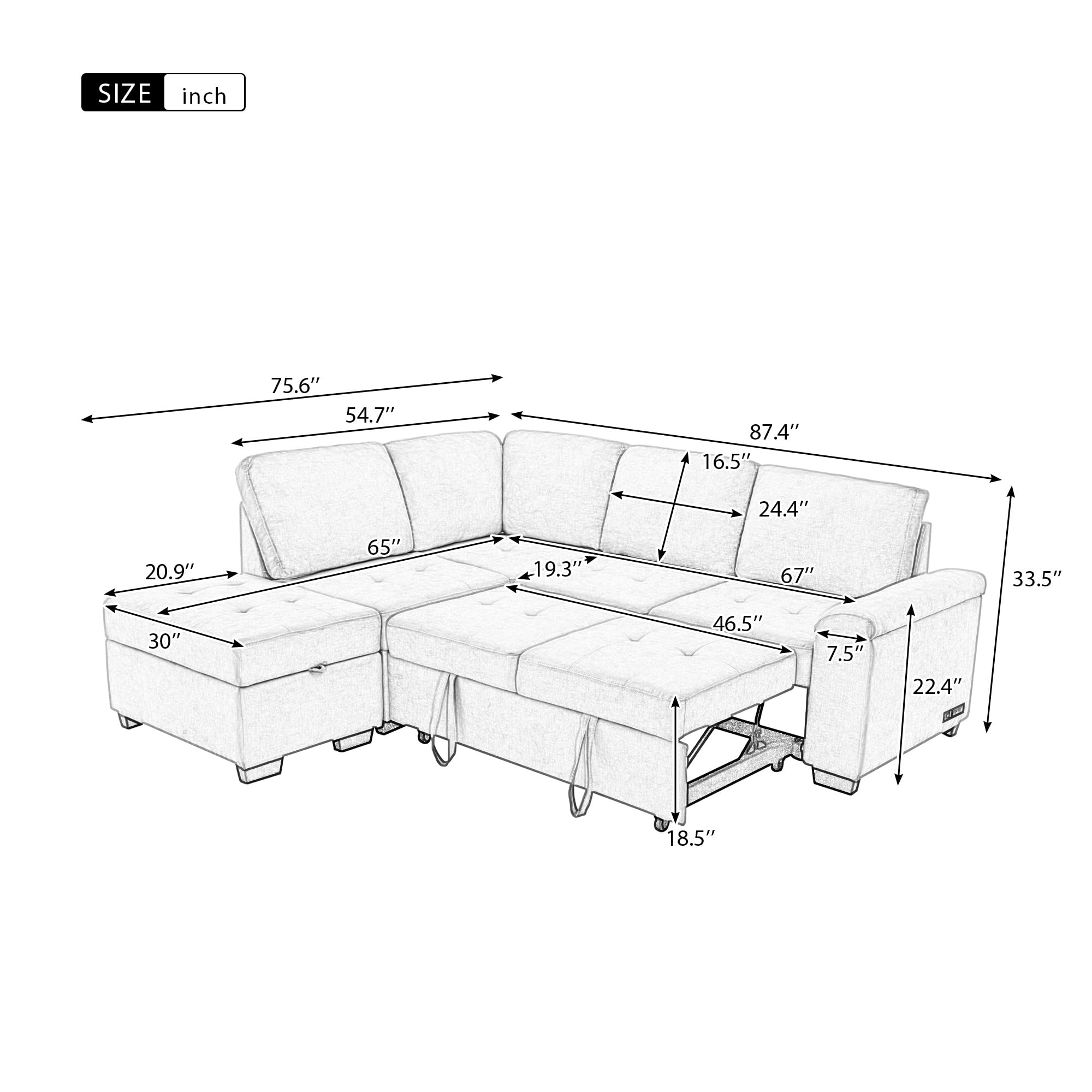 Eafurn Convertible Sleeper Sectional Sofa with Pull Out Bed and Movable Ottoman, L Shaped Reversible Couch with Hidden Arm Storage & USB Charge, 4 Seat Corner Sofa&Couches for Living Room, Gray 87.4"