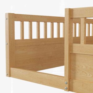 ATY Wooden Full Size Floor Bed with Fence, Wood Slat Support Bedframe for Kids, Toddlers, Easy Assemble & Space Saving Design, Natural