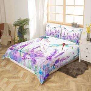 Feelyou Kids Twin Dragonfly Bedding Set Purple Lavender Duvet Cover Floral Dragonfly Comforter Cover for Kids Boys Girls Botanical Bedspread Cover Adult Bedroom Decor Zipper (No Comforter)