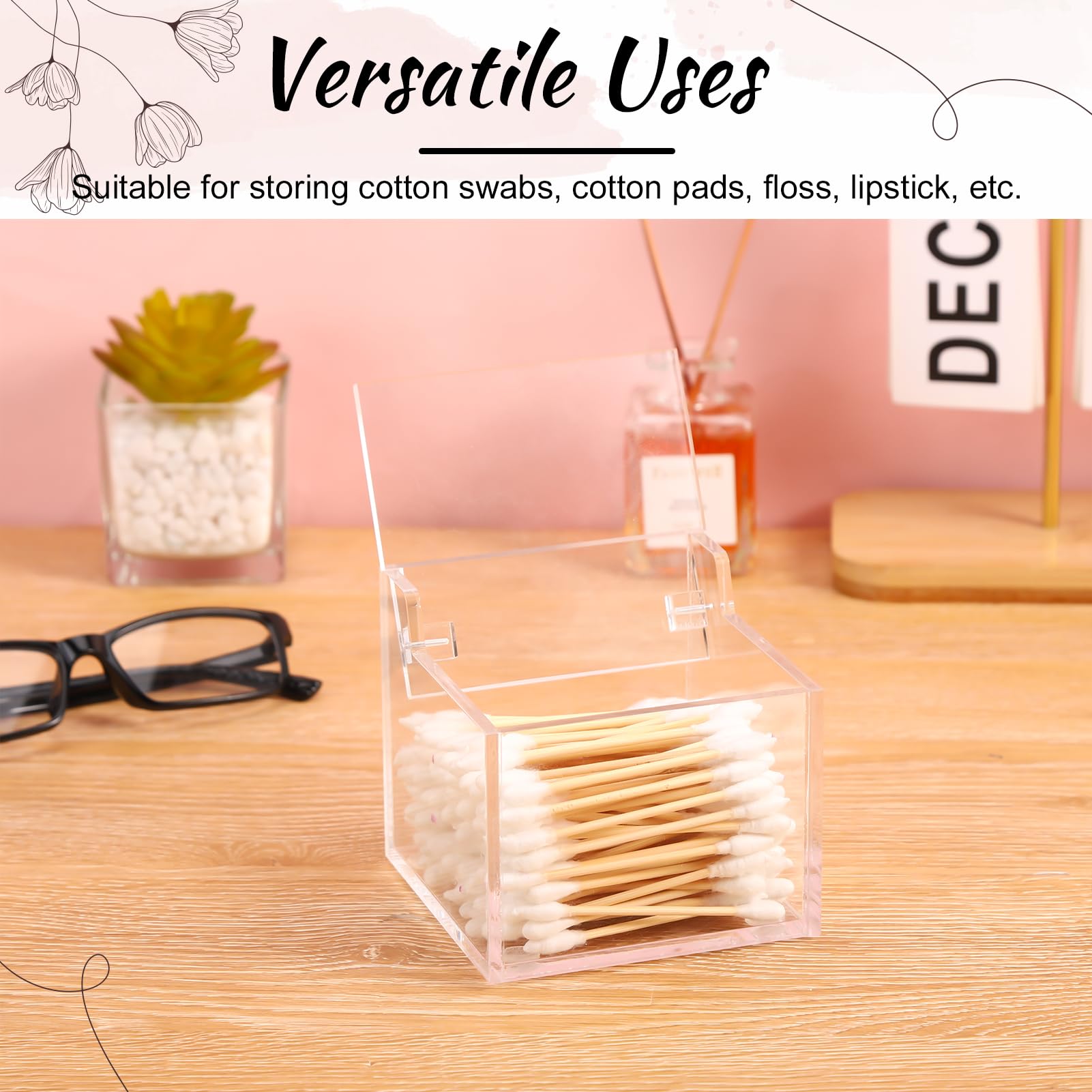 Qtip Holder Cotton Ball Dispenser Acrylic Container for Cotton Swab, Cotton Pads, Floss Picks Restroom Containers Bathroom Essentials Accessories Decor Vanity Storage Organizer, 3.3'' x 3.2'' x 2.75''