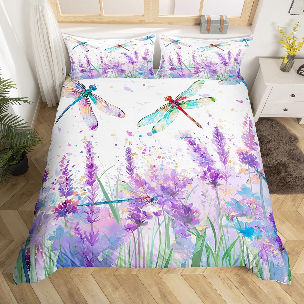 Feelyou Kids Twin Dragonfly Bedding Set Purple Lavender Duvet Cover Floral Dragonfly Comforter Cover for Kids Boys Girls Botanical Bedspread Cover Adult Bedroom Decor Zipper (No Comforter)