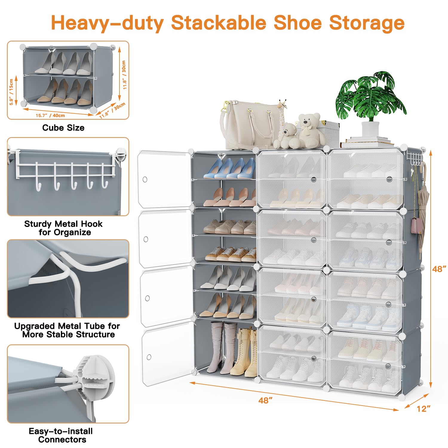 Portable Shoe Rack Organizer with Covers 48-Pair Shoe Storage Cabinet with Doors Stackable Shoes Rack Shoe Organizer for Closet Entryway FreeStanding Closed Shoe Rack Shoe Storage Shelf Cabinet