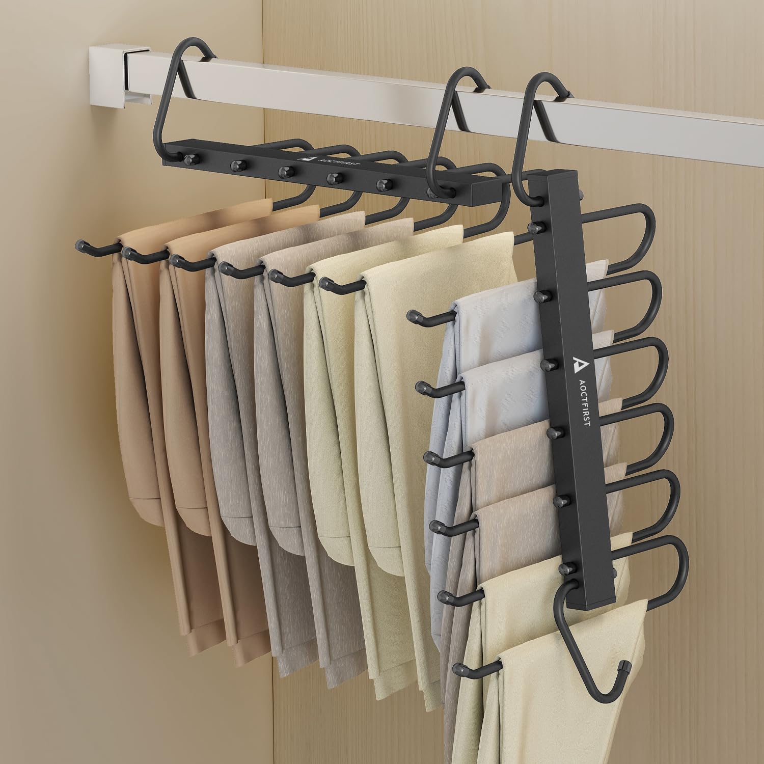 AOCTFIRST Black Pants Hangers Space Saving 2 Pack - 6 Tier Stainless Steel Closet Organizer Heavy Duty,Anti-Slip Design,Clothes Storage and Organization for Pants Jeans Scarf,2-Year Warranty