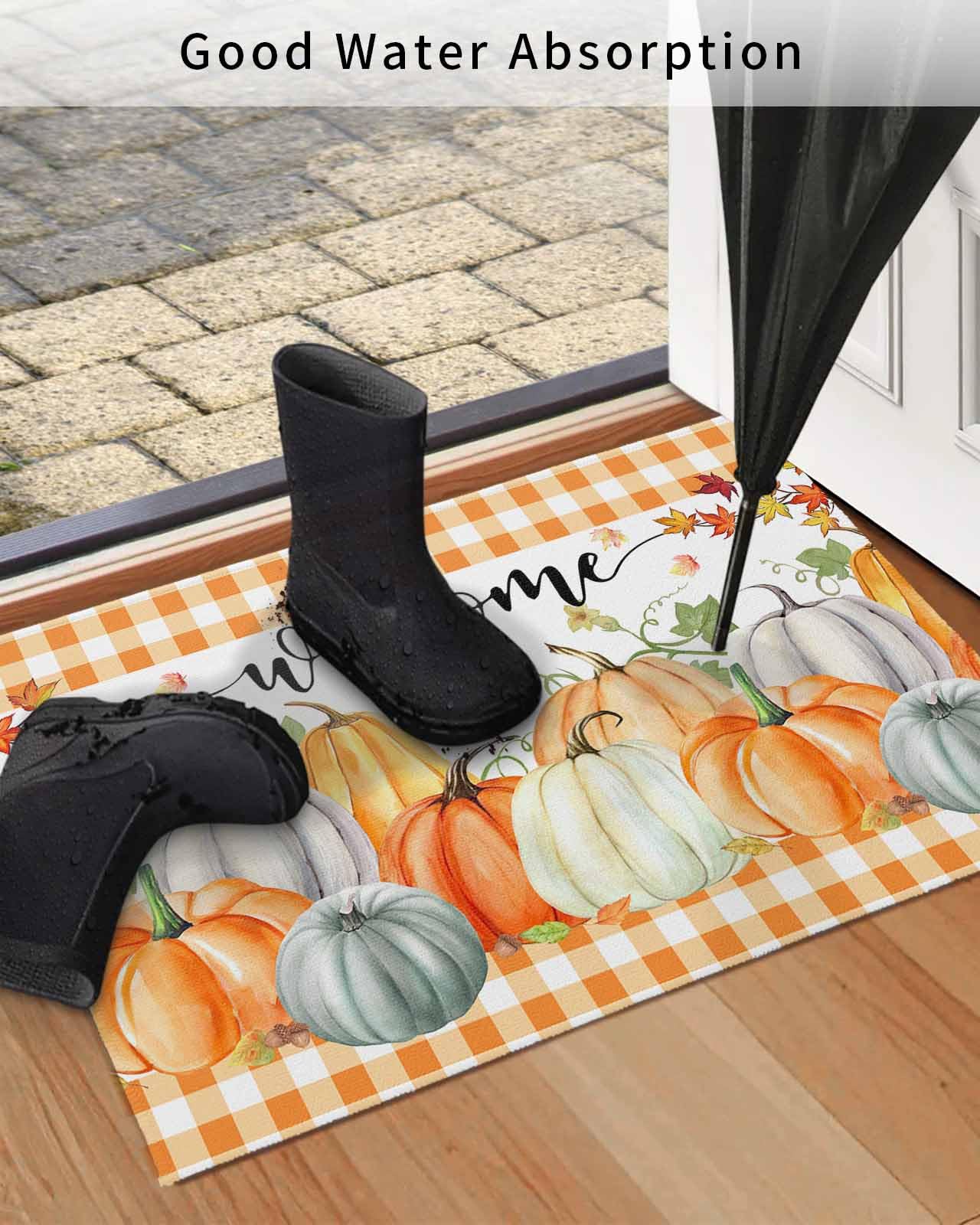 Thanksgiving Front Door Mat Outside Entrance, Harvest Pumpkin Maple Leaf Outdoor Indoor Door Mats for Entryway, Low Profile White and Orange Buffalo Plaid Funny Welcome Mat Entry Doormats 24x36 in