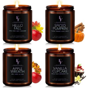 fall candles set, fall scented candles for home, 4 pack natural soy autumn candle, fall gifts for women men, fall fragrance of pumpkin/apple wreath/hello fall/vanilla cupcake