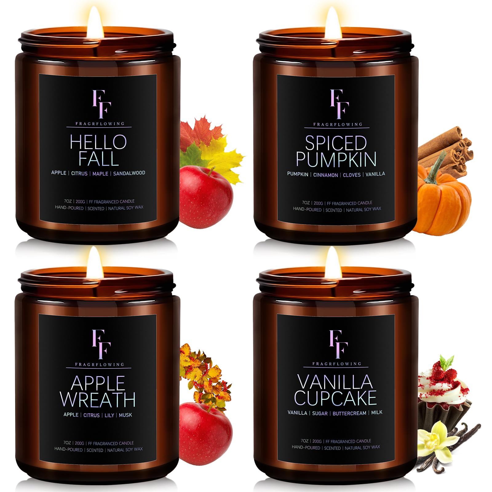 Fall Candles Set, Fall Scented Candles for Home, 4 Pack Natural Soy Autumn Candle, Fall Gifts for Women Men, Fall Fragrance of Pumpkin/Apple Wreath/Hello Fall/Vanilla Cupcake