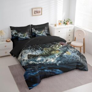 Feelyou Big Pike Fish Comforter Set with Sheets Bass Big Fish Hunting and Fishing Themed 7 Piece Bedding Set for Kids Boys Girls Black Underwater Animals Bed in a Bag for Independence Day Queen Size