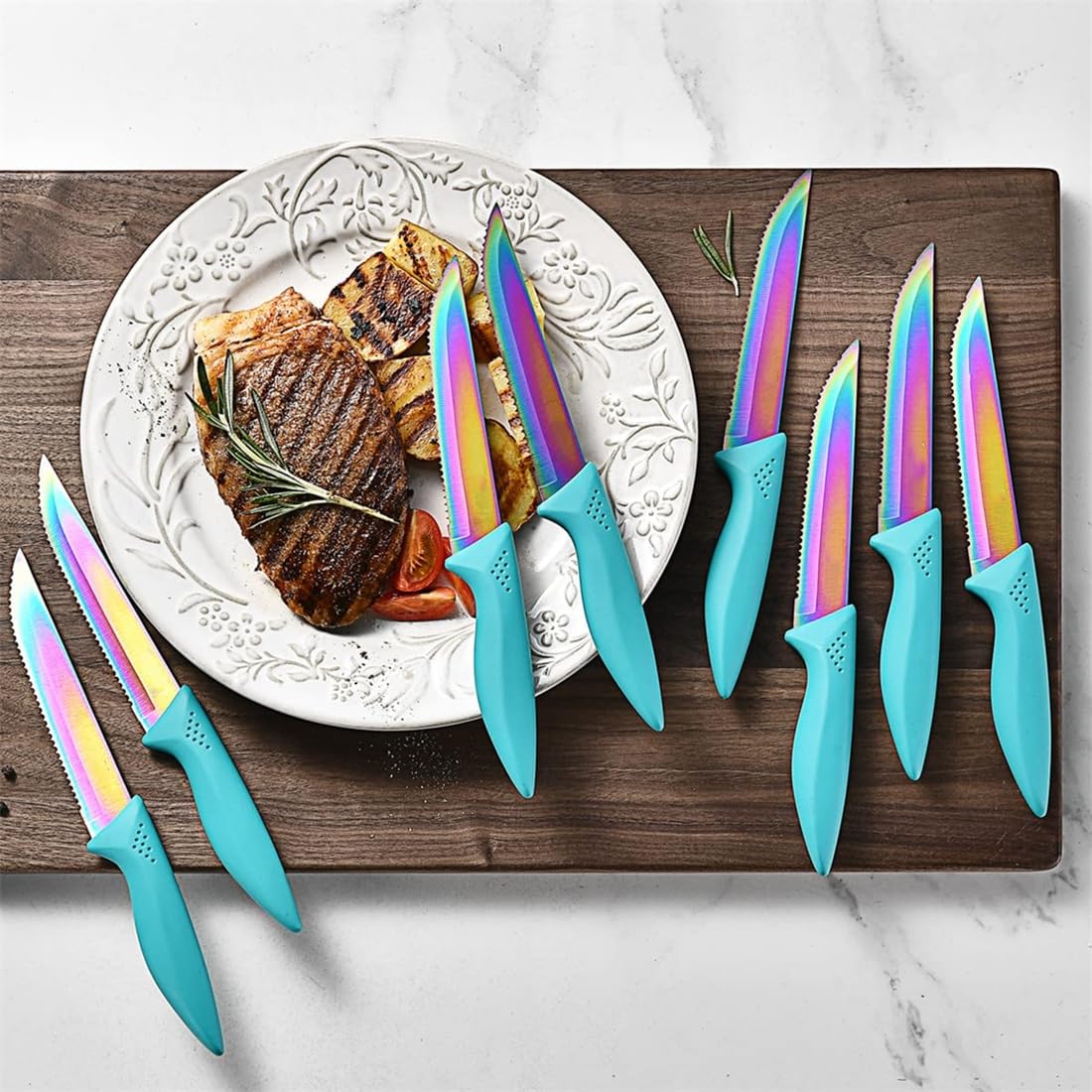 Knife Set 18 Pcs Stainless Steel Knives Set with Acrylic Storage Block Sharpener Sharp Cutlery Kitchen Knife Block Set Chef Cooking Cutting Knives Teal Turquoise Blue