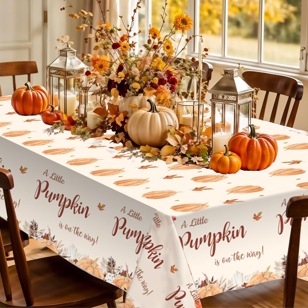 MEHOFOND Fall Boho Little Pumpkin Baby Shower Party Plastic Tablecloth Autumn Disposable Party Tablecloths A Little Pumpkin is on The Way Pumpkin Thanksgiving Party Decorations Tablecloth 3 PCS