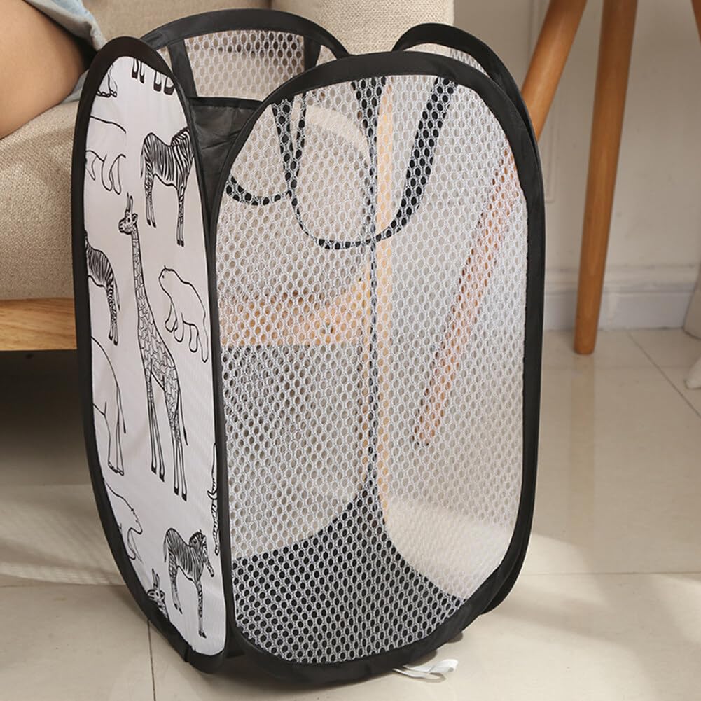 Handy Laundry Collapsible Mesh Pop Up Hamper Cartoon Animals Laundry Basket with Wide Opening and Side Pocket ¨C Breathable, Sturdy, Foldable, and Space-Saving Design (White)