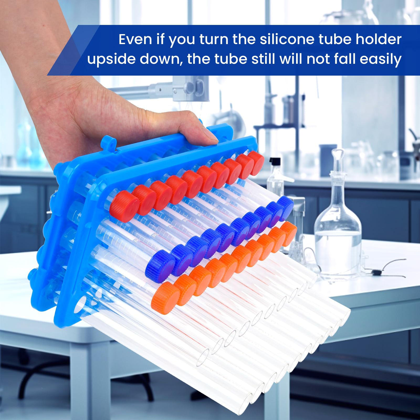 Lab Test Tube Holder Rack Plastic Tube Holder with Silicone Fixing pad centrifuge Tube Stand Rack for 5ml 10ml 15ml(1, Blue, 1pcs 9.7In*5.5In* 1.9In)