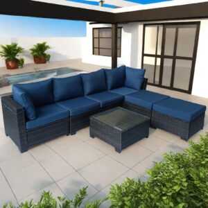 7-Piece Outdoor Furniture Patio Rattan Sectional Set with Wicker Conversation Sofas,Include Cushions, Coffee Table,Easy to Assemble,Perfect for Backyard, Porch, Garden, and Balcony (Brown-Dark Blue)