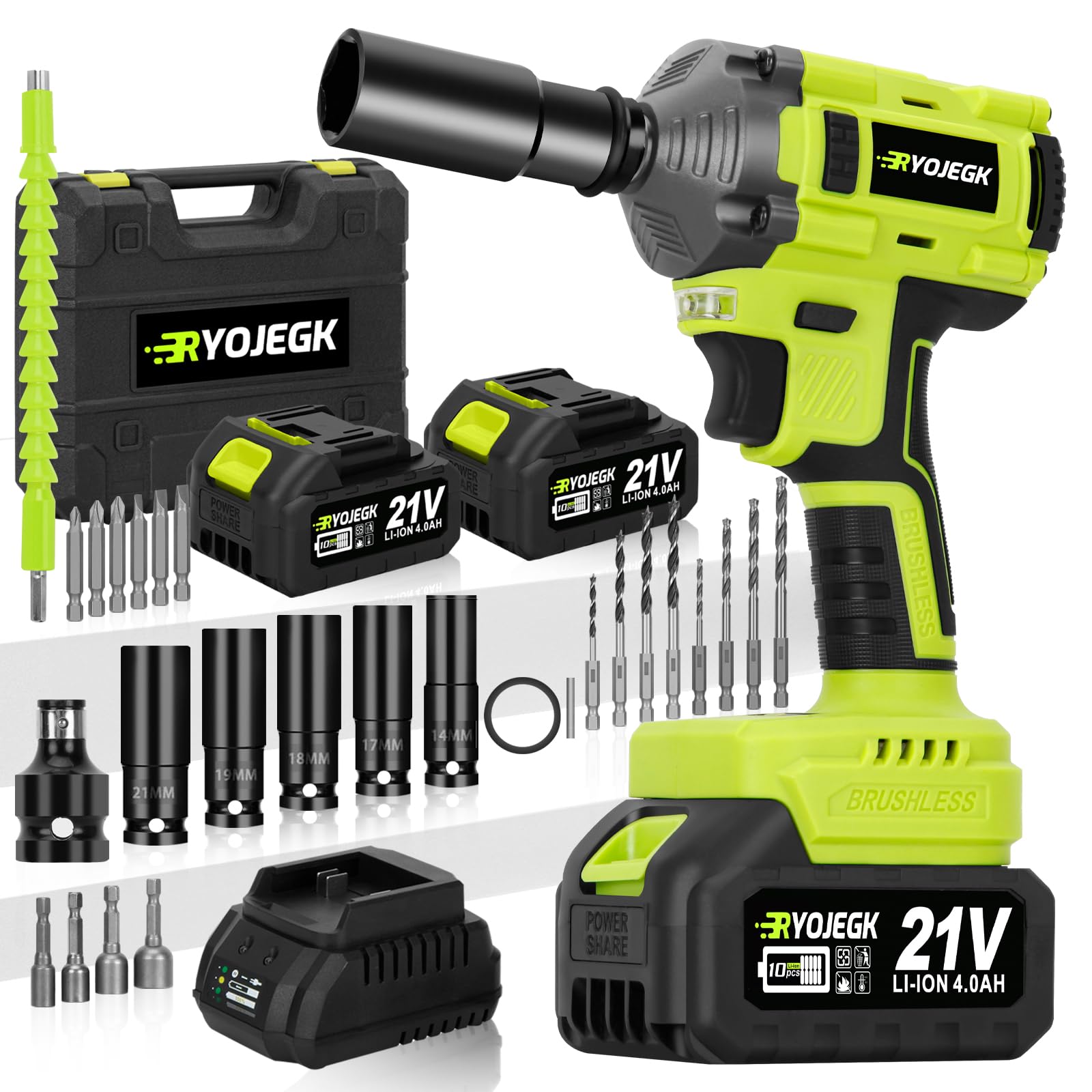 RYOJEGK 443Ft-lbs Compact Cordless Impact Wrench Set,600N.m Brushless Impact Gun 1/2 Drive 3-Speed Reversible With 2×4.0Ah Battery & Fast Charger，Llave De Impacto Inalambrico For Car Lug Nuts & Home