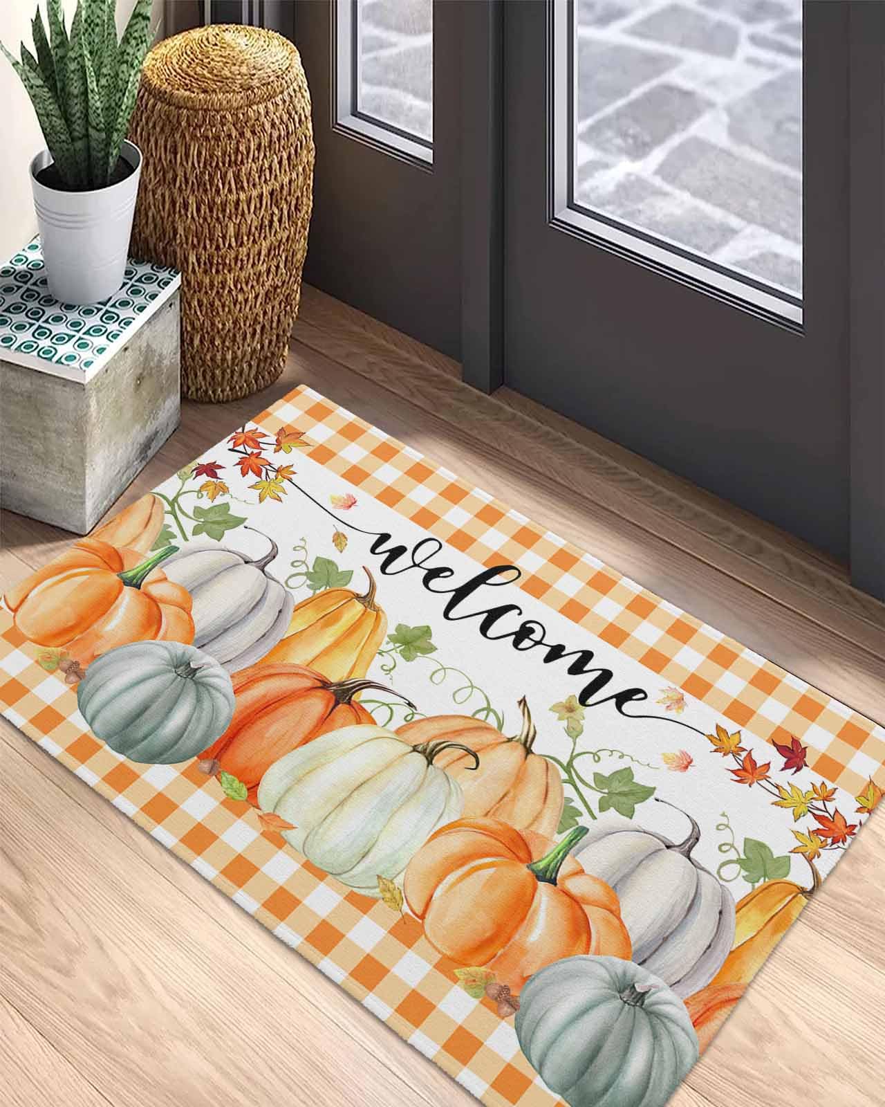 Thanksgiving Front Door Mat Outside Entrance, Harvest Pumpkin Maple Leaf Outdoor Indoor Door Mats for Entryway, Low Profile White and Orange Buffalo Plaid Funny Welcome Mat Entry Doormats 24x36 in