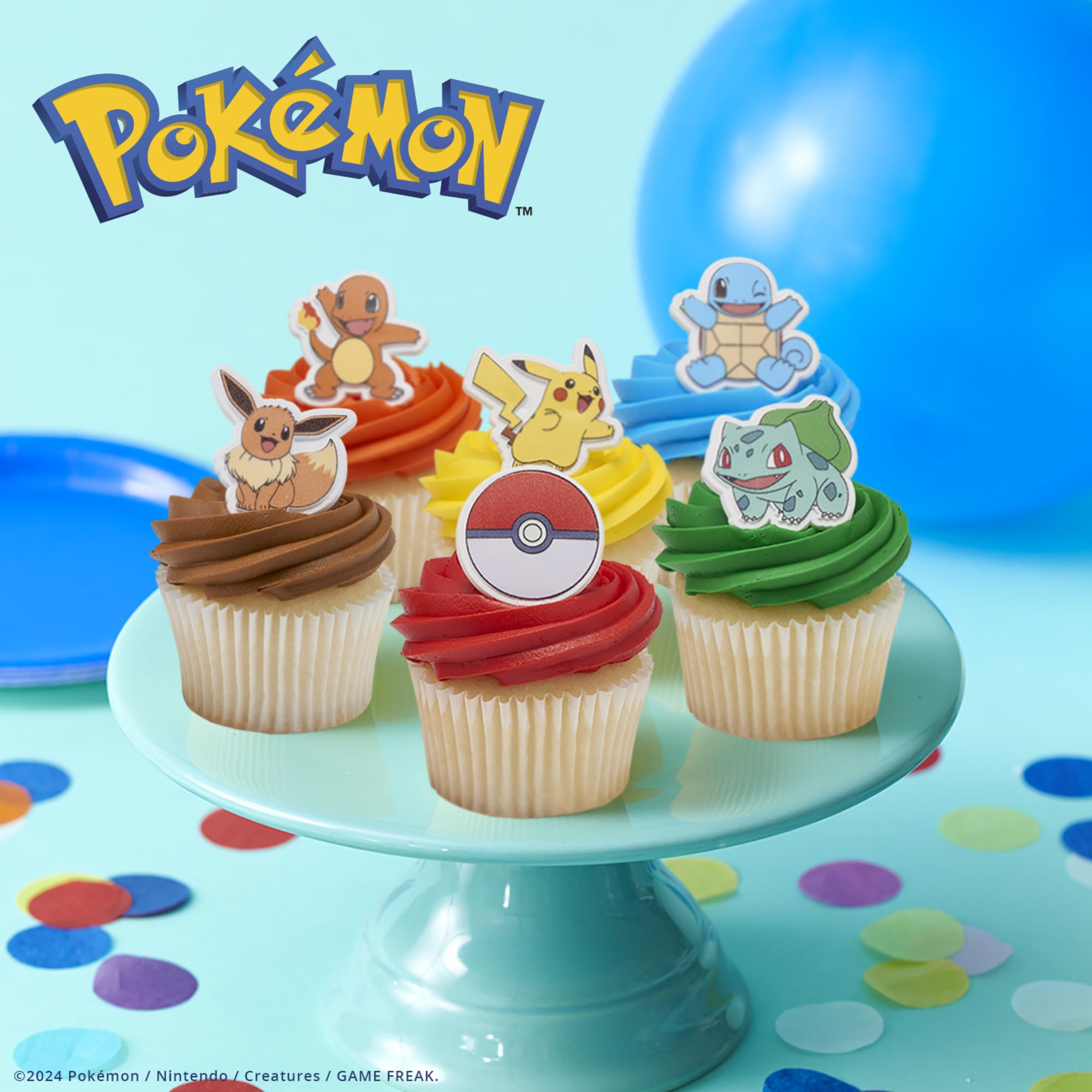 DecoPac Pokémon Rings, Cupcake Decorations With Pikachu, Bulbasaur, Eevee, Charmander, Squirtle, and Poké Ball, Multicolored Food Safe Cake Toppers – 24 Pack