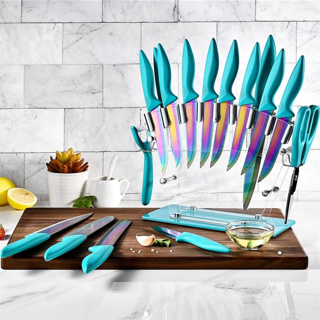 Knife Set 18 Pcs Stainless Steel Knives Set with Acrylic Storage Block Sharpener Sharp Cutlery Kitchen Knife Block Set Chef Cooking Cutting Knives Teal Turquoise Blue