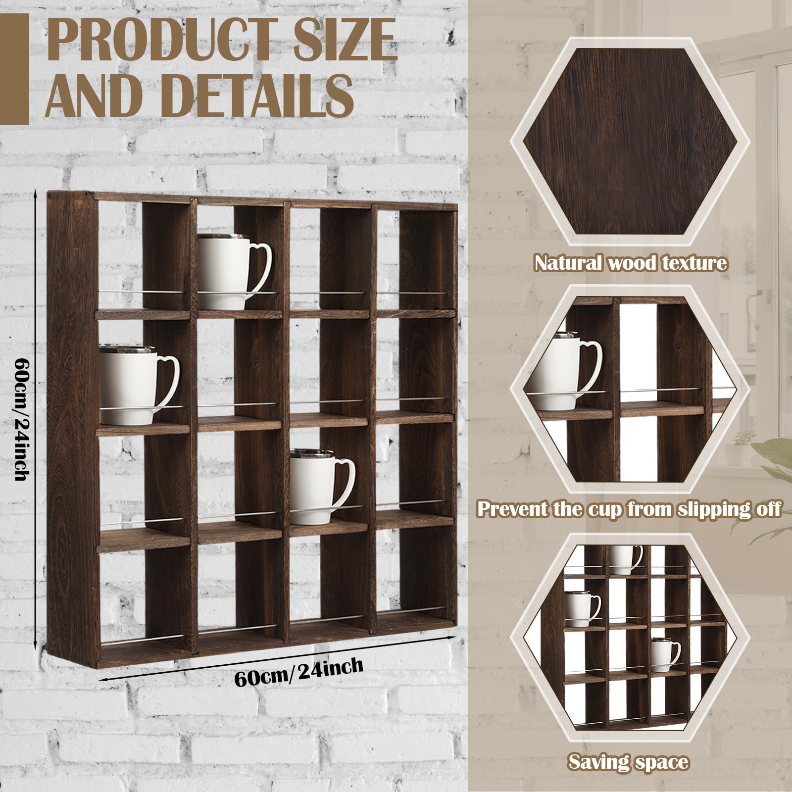 Kigley Oversize Coffee Mug Display Rack Wooden Display Shelves Rustic Shot Glass Display Case Travel Mug Shelf Wall Mounted Coffee Mug Rack Holder Shadow Box Shelf (Deep Brown)