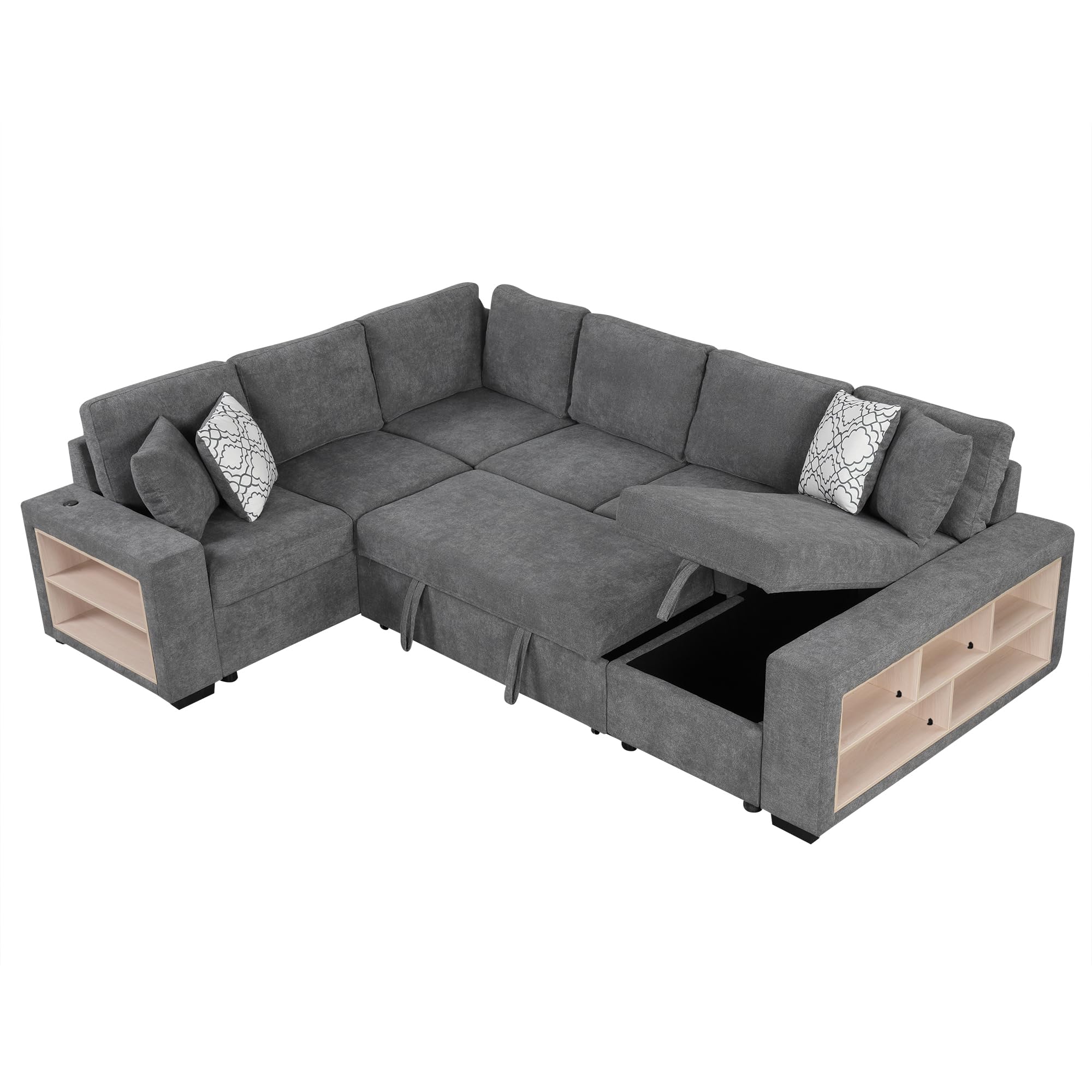 Merax 109" Large Sectional Sleeper Sofa with Pull Out Bed, Storage Chaise/Shelf & USB Ports, Dark Gray Oversized 5 Seat U-Shaped Couch Set, Convertible Sofabed for Living Room and Apartment, Grey