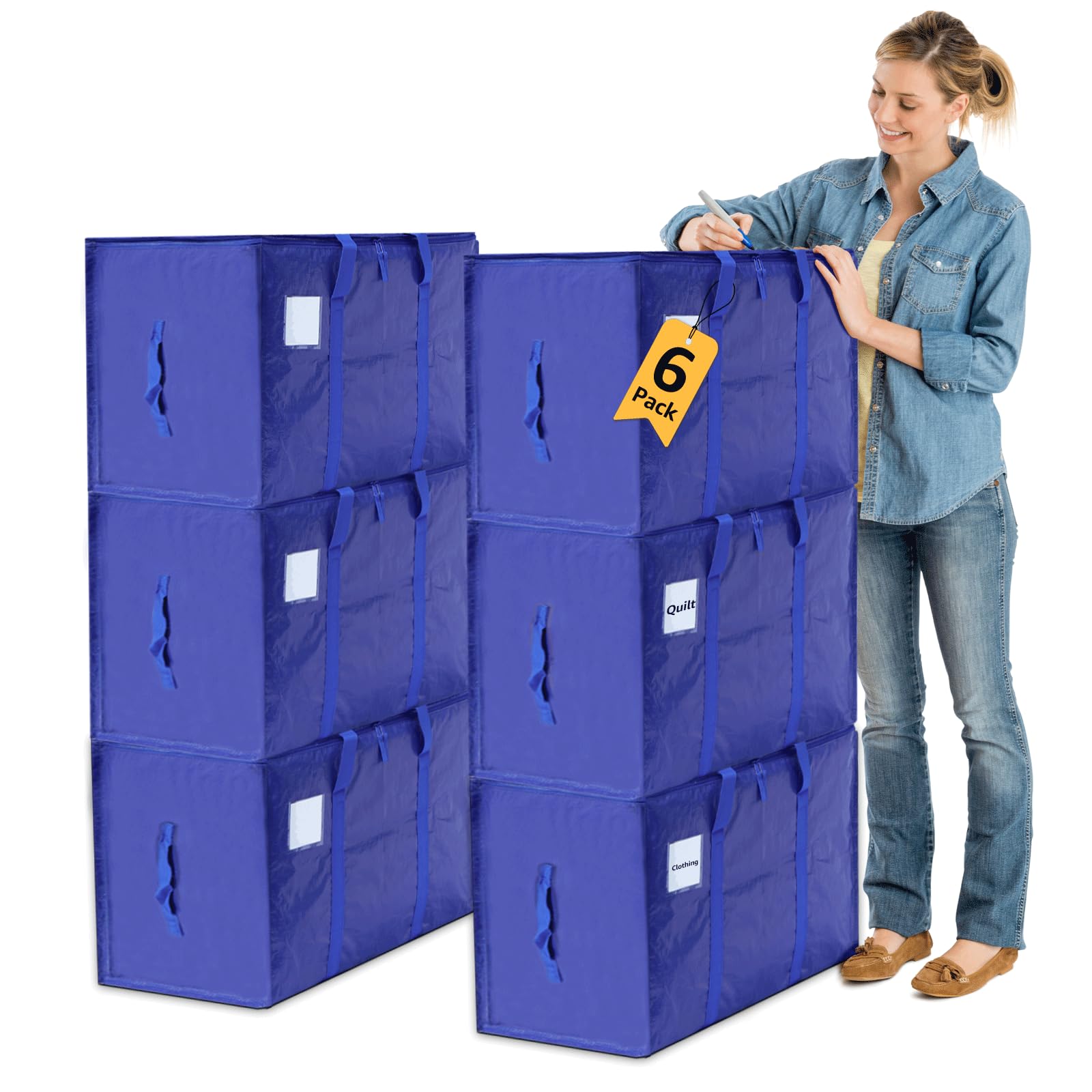 Moving Bags Heavy Duty Extra Large, Alternative for Moving Boxes & Moving Supplies, Storage Bag with Handles, Lid&Zippers, Packing Bags for Clothes, Camping & College Moving Essentials(Blue, 6 Pack)