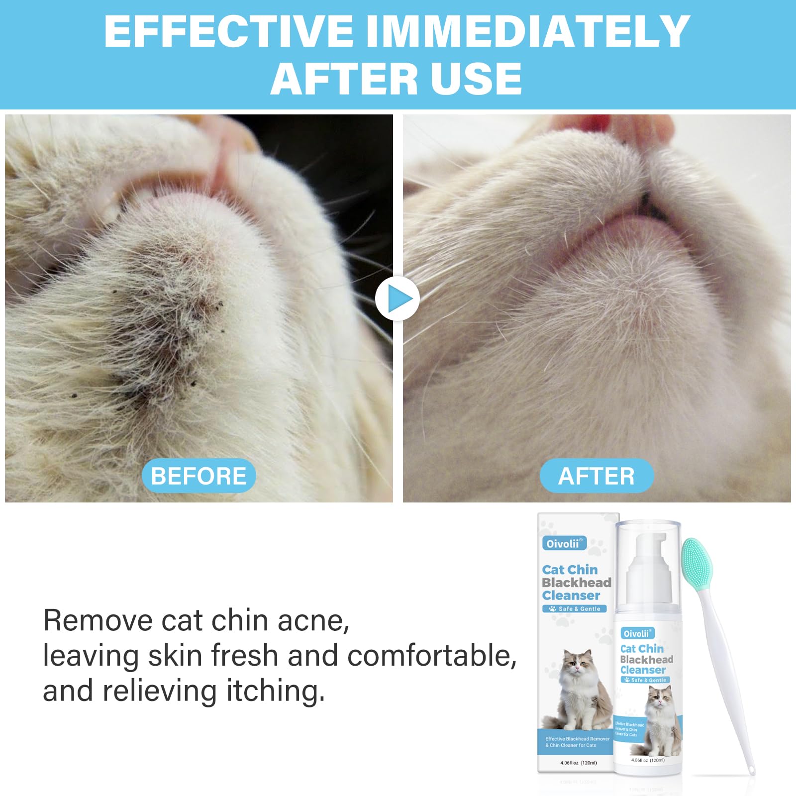 𝐎𝐢𝐯𝐨𝐥𝐢𝐢 Kitten & Cat Acne Chin Treatment, (4 fl. oz) Blackhead Cleanse Lotion & Cleansing Brush,Soothes Chin Acne, Oil Control, tightens pores, relieves Sensitivity.