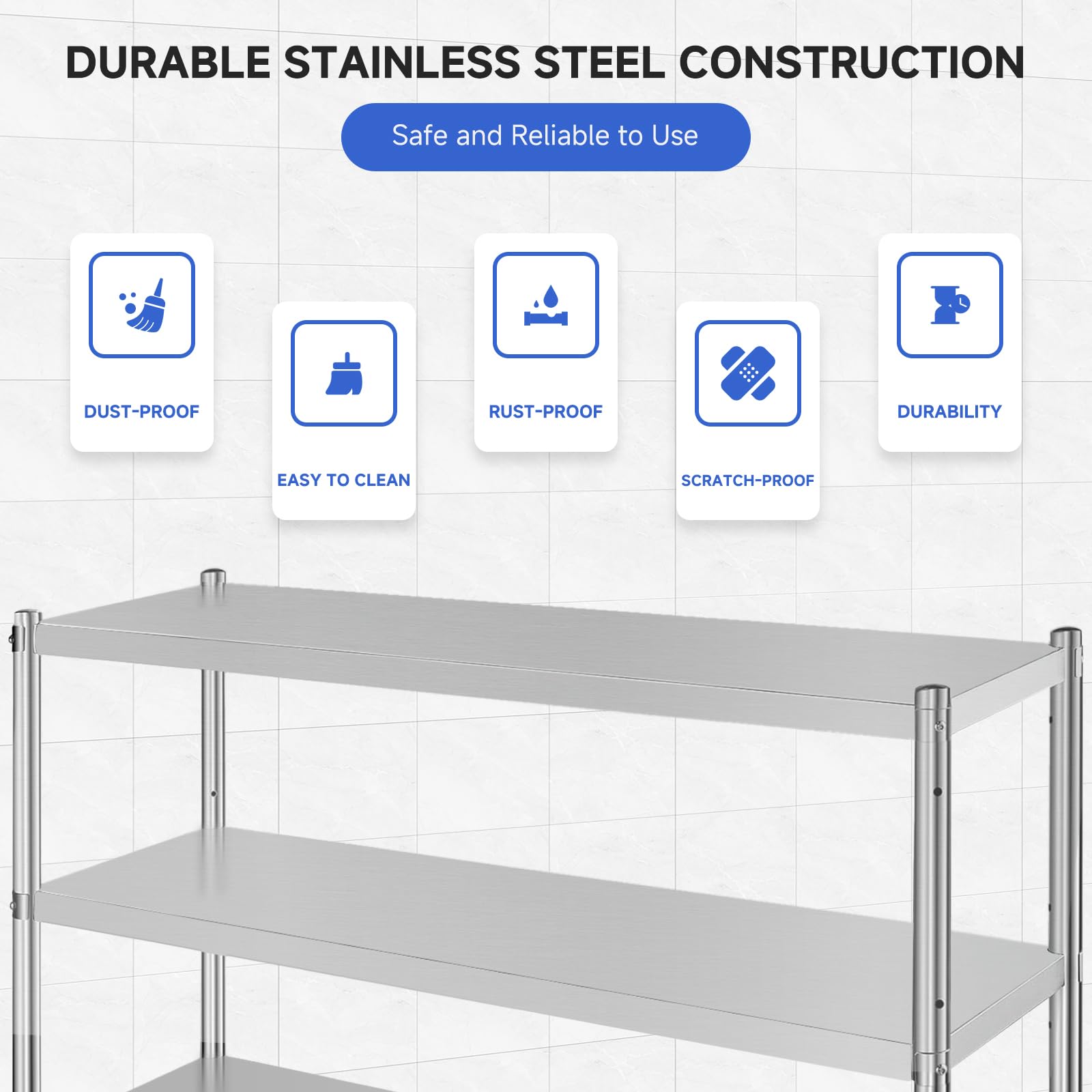 Garvee Stainless Steel Shelves,47x18x72 in Storage Shelf 5-Tier Heavy Duty Storage Rack Shelving Capacity Shelf Unit for Kitchen Garage Office Restaurant Warehouse