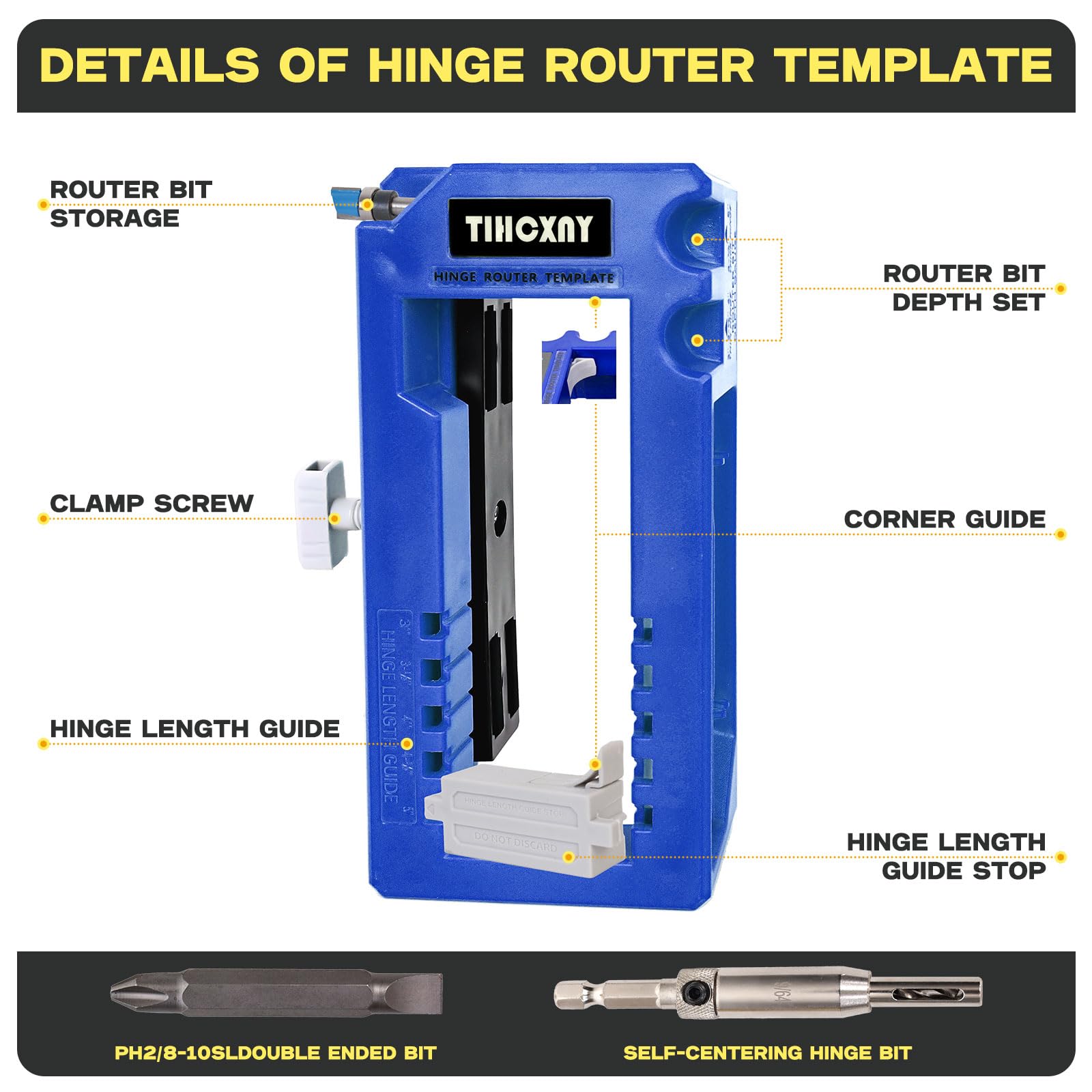 TIHCXNY (Blue) Door Hinge Mounting Kit, Door Hinge Clip, Door Hinge Mortise, Door Hinge Router Template fits 3" to 5" Length and 90 Degree Angle, 1/4" or 5/8" Thickness Door Hinges.