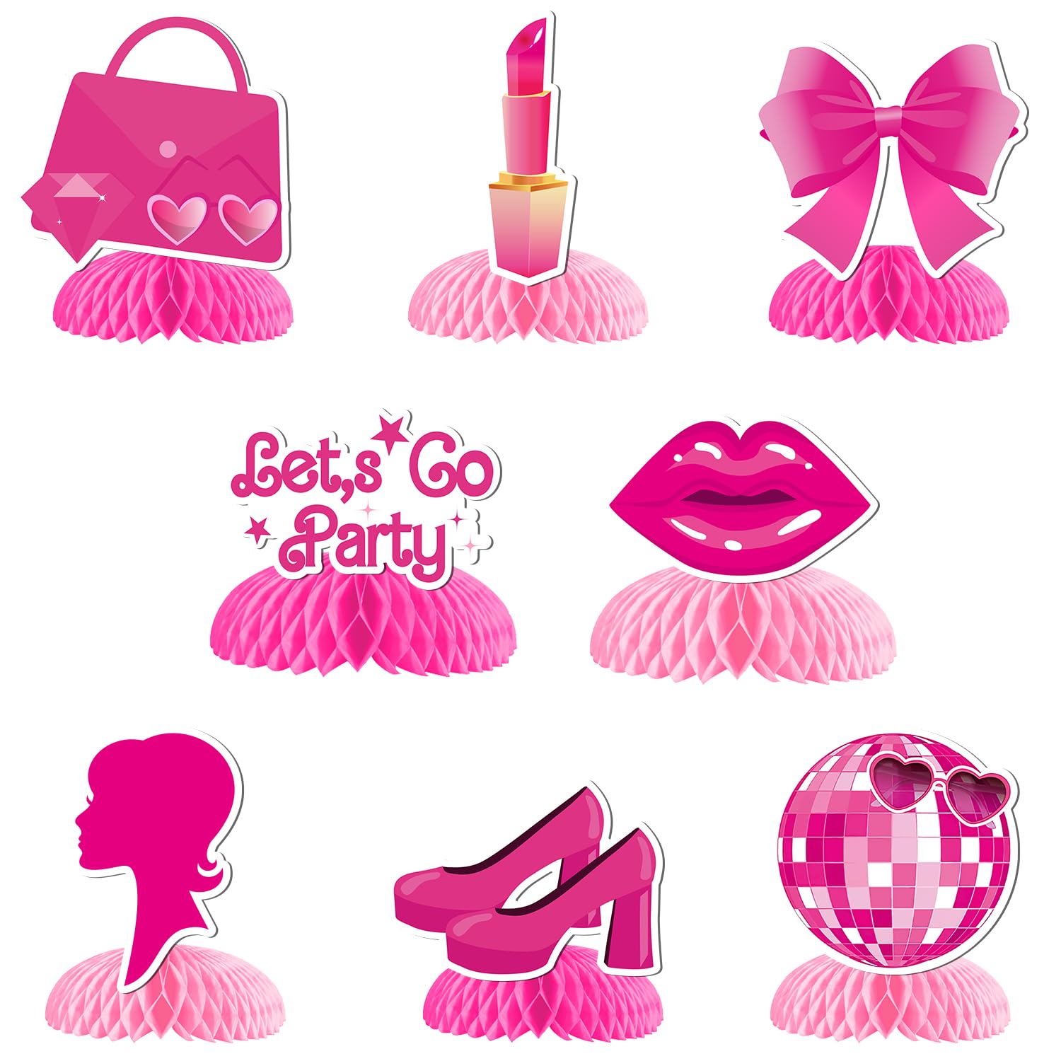 Come on Let's Go Party Honeycomb Centerpieces Hot Pink Princess Doll Honeycomb Cosmetic Lipstick Bow Table Decorations for Girls Doll Theme Bachelorette Party Birthday Bridal Shower Party Supplies