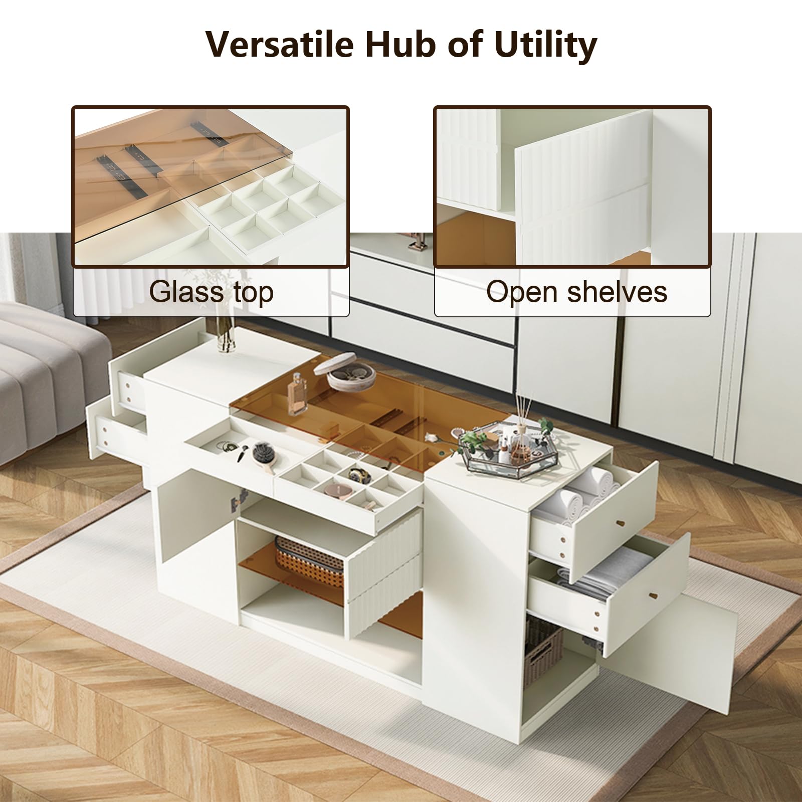 MATONELL Modern Luxury Multi-Functional Island Vanity Dresser and Storage Cabinet with Glass Tabletop, Display Shelf,6 Drawers for Walk-in-Wardrobe and Bedroom