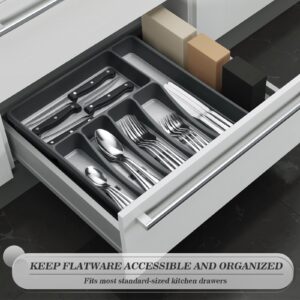 24-Piece Silverware Set with Organizer，Heavy Duty Stainless Steel Flatware Cutlery Tableware Set for 4，Includes 6-Compartment Silverware Tray with Cutlery Icons，Silverware Set with Steak Knives