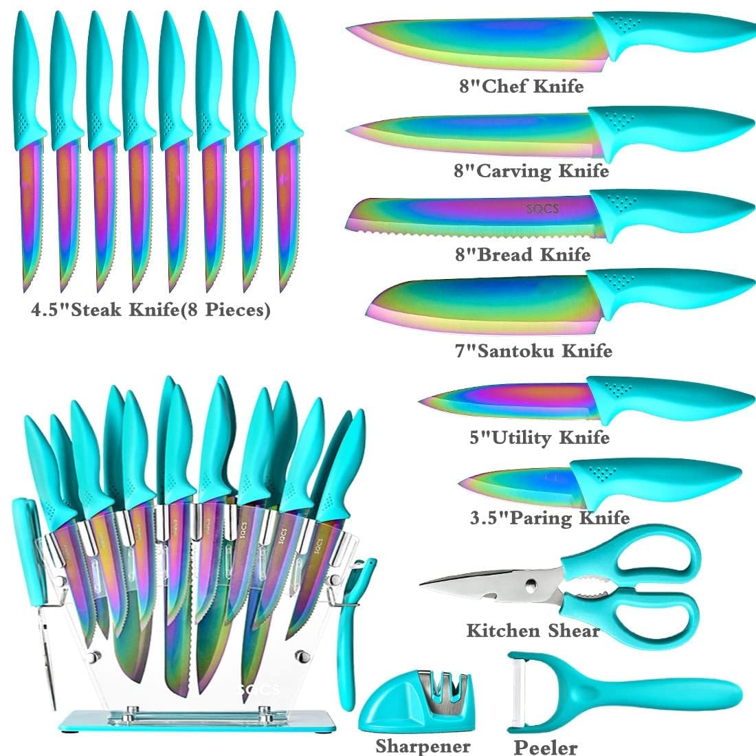 Knife Set 18 Pcs Stainless Steel Knives Set with Acrylic Storage Block Sharpener Sharp Cutlery Kitchen Knife Block Set Chef Cooking Cutting Knives Teal Turquoise Blue