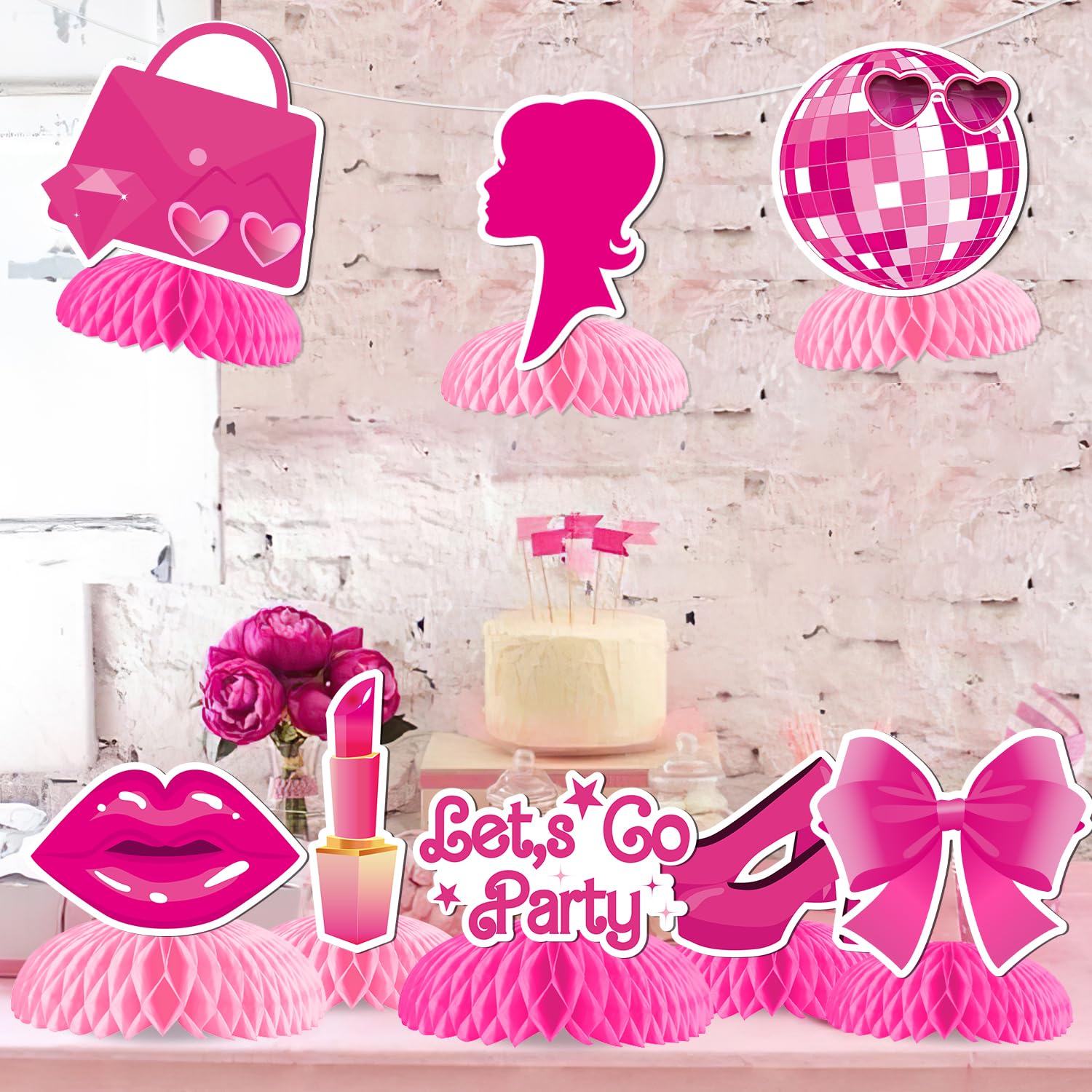 Come on Let's Go Party Honeycomb Centerpieces Hot Pink Princess Doll Honeycomb Cosmetic Lipstick Bow Table Decorations for Girls Doll Theme Bachelorette Party Birthday Bridal Shower Party Supplies